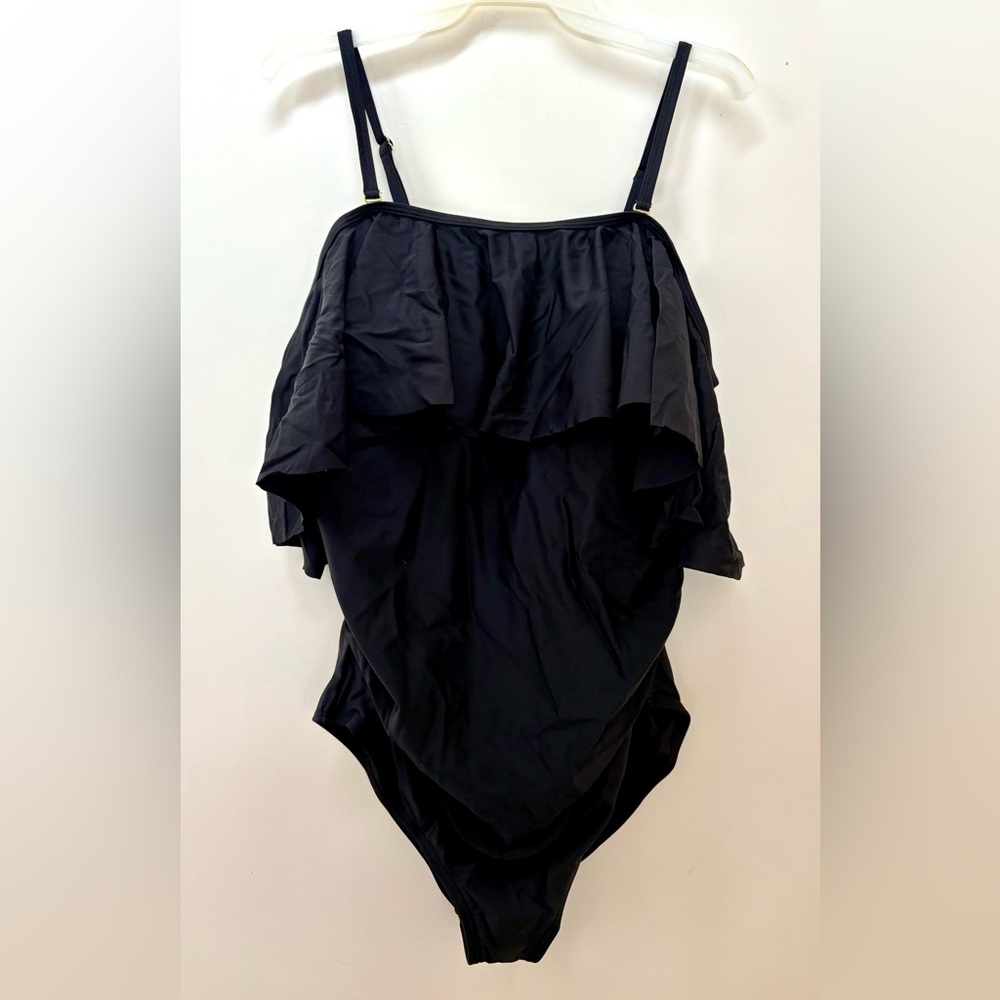 NWT Ladies Pinkblush Black Ruffle Top On/Off Shoulder 1 Piece Swimsuit Size M